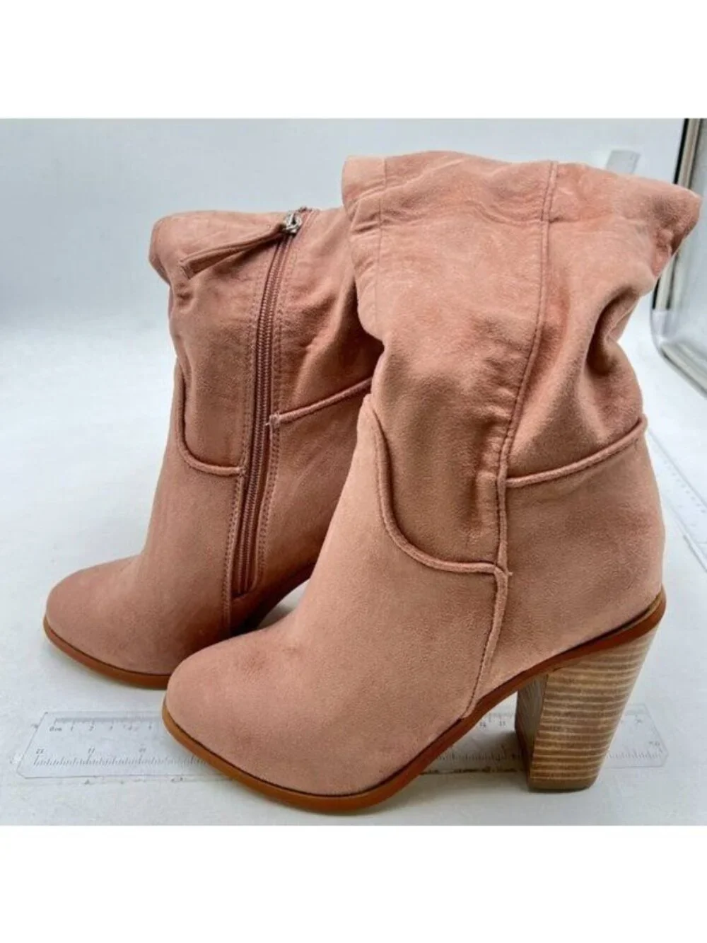 Womens Faux Suede Knee High Boots Side Zipper Chunky Heel Stretch Winter Boots